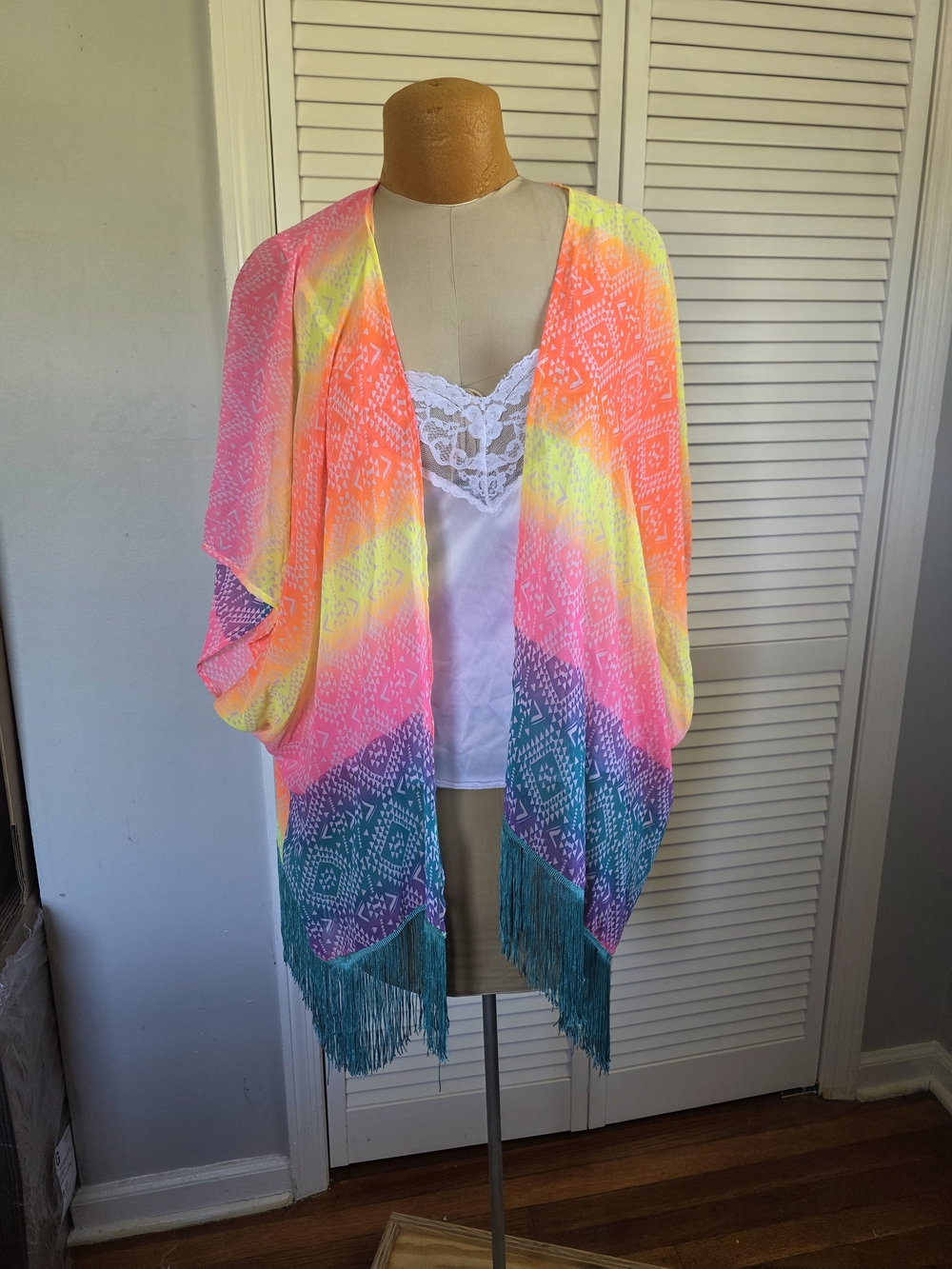 OP Ocean Pacific Ombre Fringe Kimono Wrap L (11–13) Neon Beach Swim Coverup
